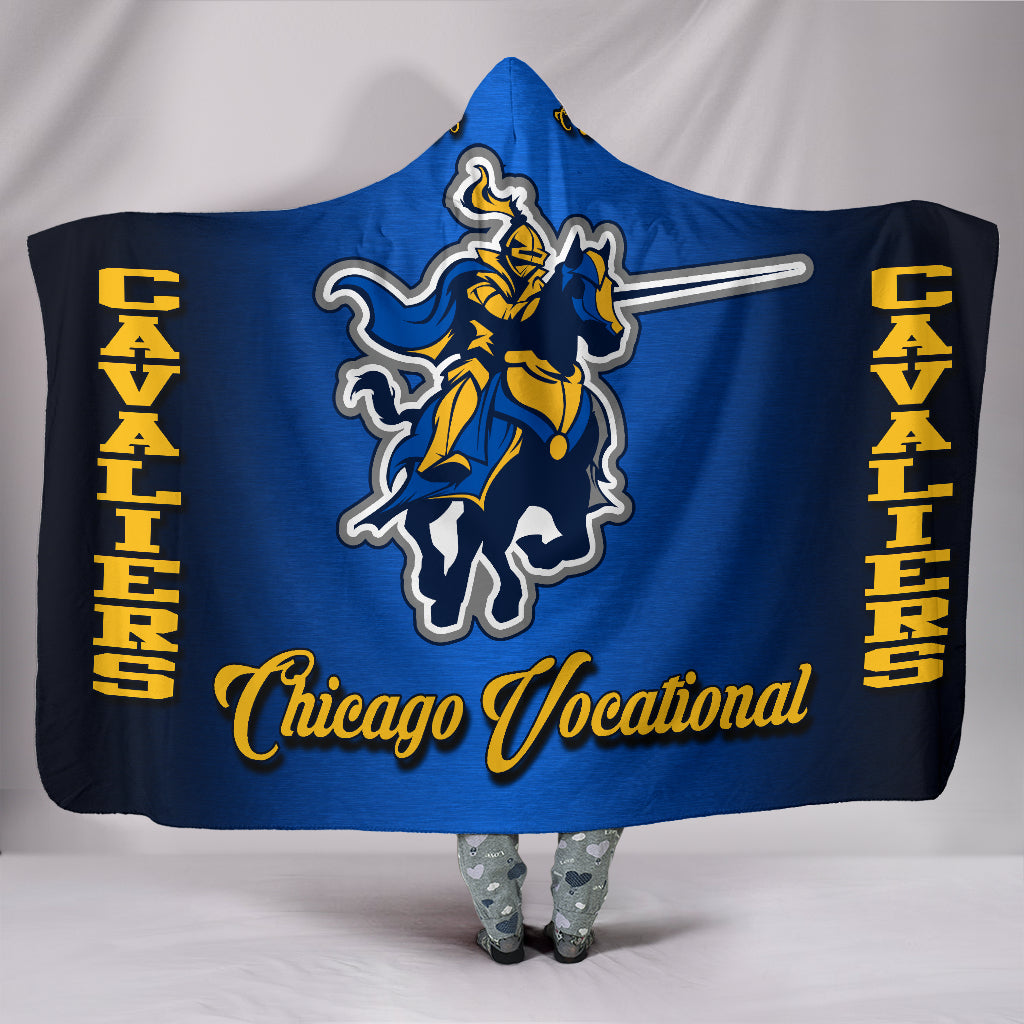 Chicago Vocational H.S. Cavalier  Hooded Blanket. Cav on horseback .Back view