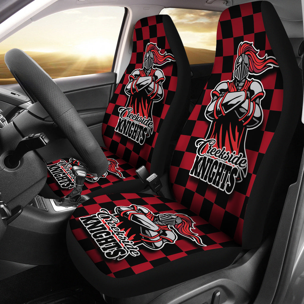 Custom checkered design front car seat cover with mascot -driver side view