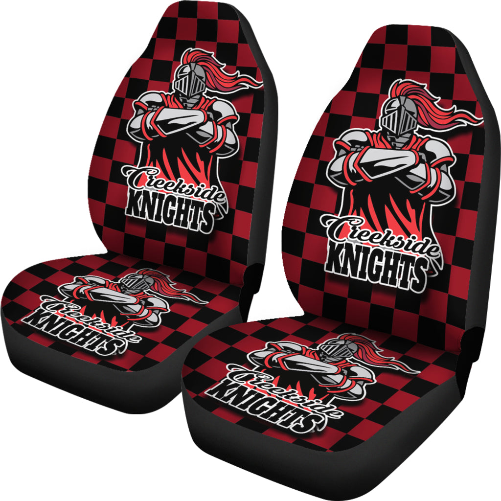 Checkered design front car seat covers with mascot -front  view