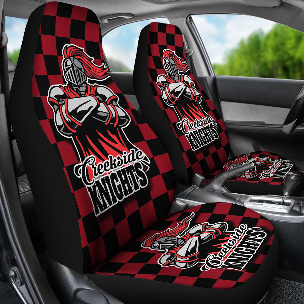 Custom checkered design front car seat cover with mascot -passenger side view