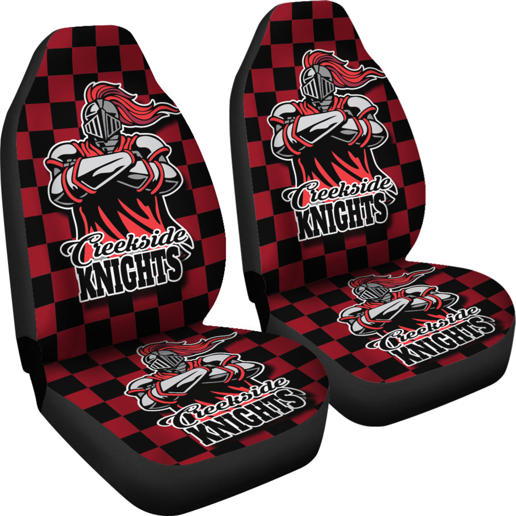Custom checkered design front car seat cover with mascot -front side view 2